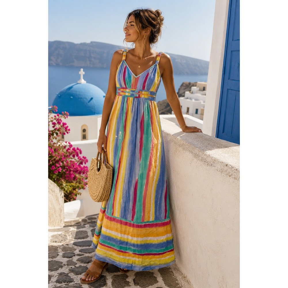 Tommy Hilfiger Women's‎ 6 Maxi Dress Rainbow Stripe Cotton Boho Beach Sundress